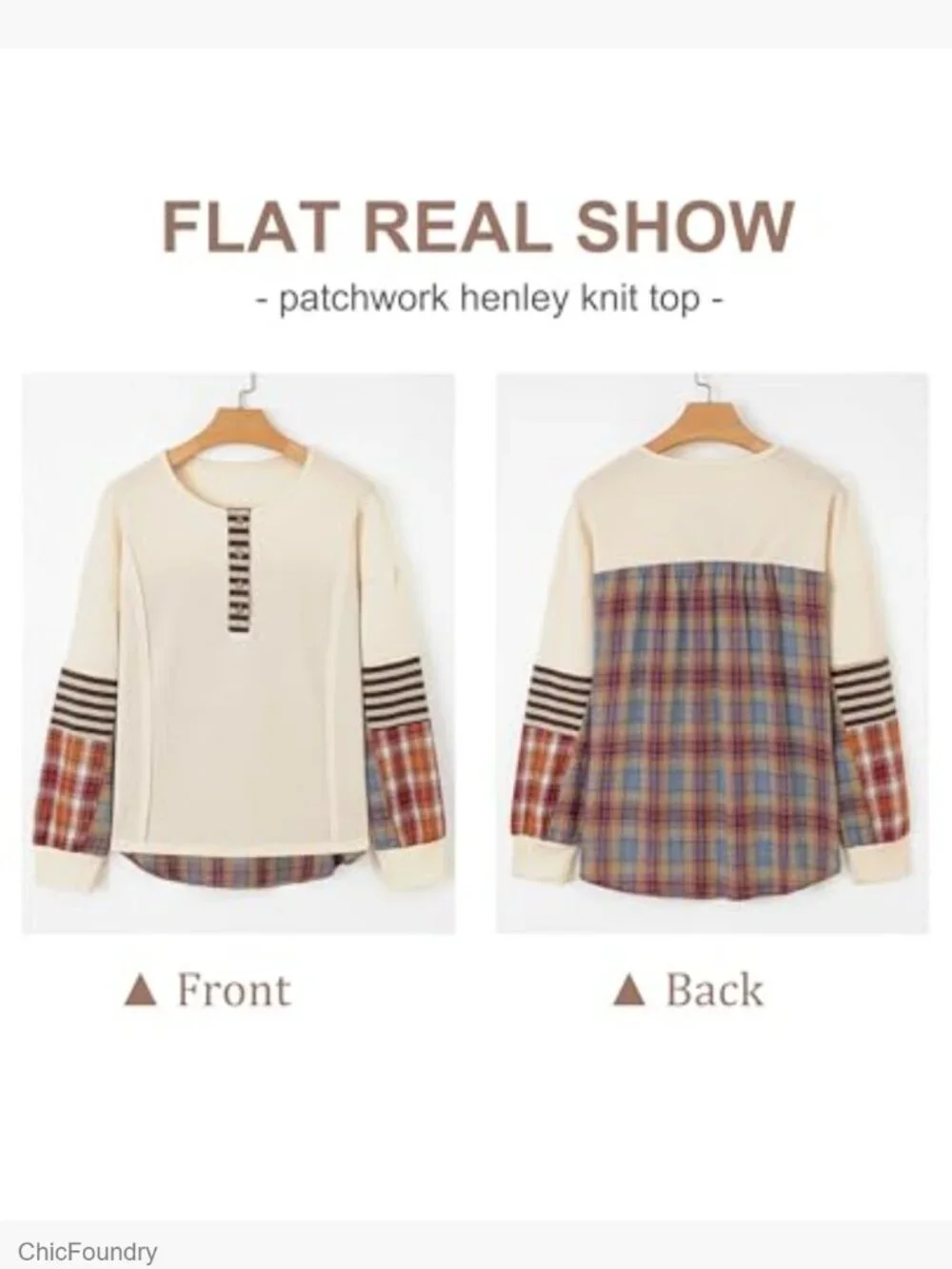 Long Sleeve Henley Waffle Knit Top Patchwork Sweatshirt Relaxed Fit - Picture 3 of 7